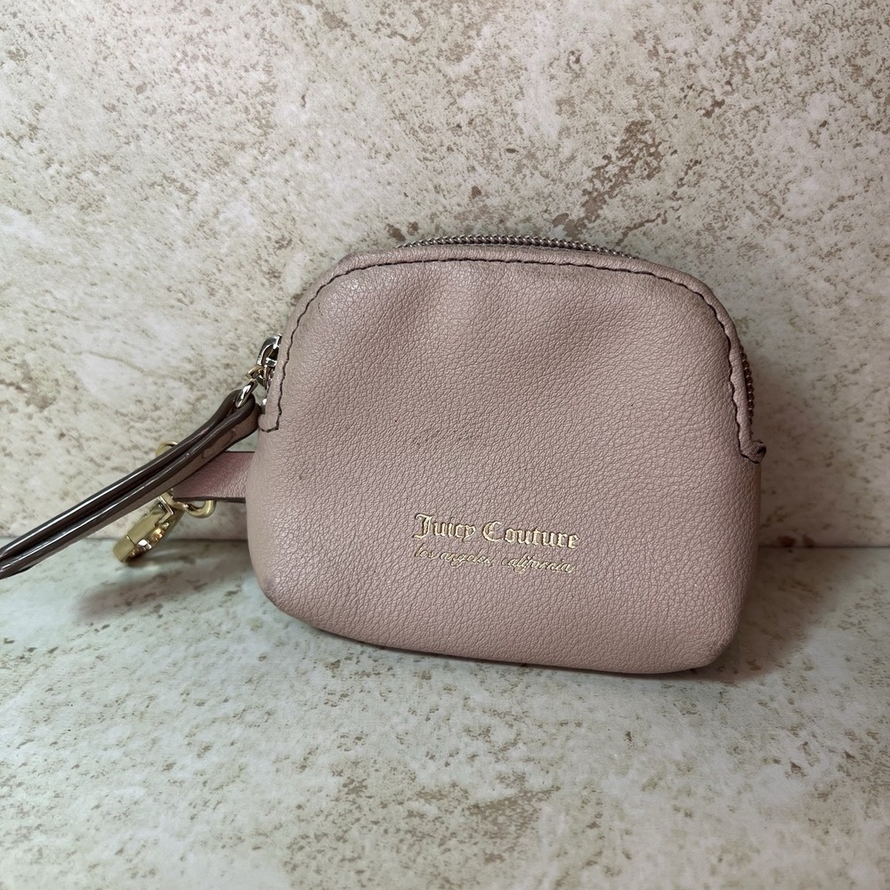 Juicy‎ Couture Zipper Coin Pouch Clip On Keychain Tan Beige & Gold Hardware